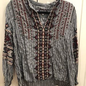 Johnny Was Workshop Embroidered Blue and White Top
